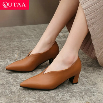 QUTAA 2020 Women Shoes Fashion Mules Shoes Platform Slip on Women Pumps Pointed Toe All Match Ladies Pumps Size 34-43