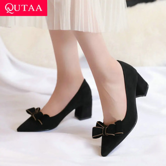 QUTAA 2021 Butterfly-Knot Pointed Toe Flock Spring Women Pumps Fashion Square High Heel Shallow Women Single Shoes Big Size34-43