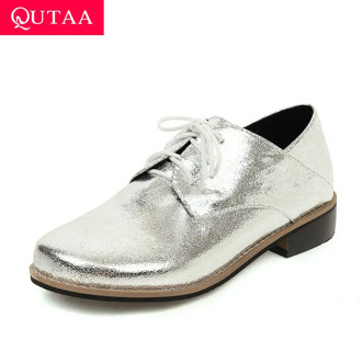 QUTAA 2021 Casual Round Toe Square Low Heel Women Single Shoes Spring PU Leather Lace Up All Match Ladies Pumps Big Size 34-43
