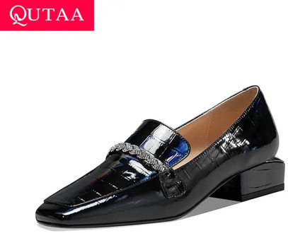 QUTAA 2021 Fashion Autumn Square Toe Cow Leather+PU Ladies Pumps Slip On Chain Square Low Heel Women Single Shoes Size 34-42