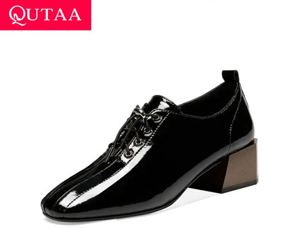 QUTAA 2021 Pointed Toe Quality Cow Leather+PU Ladies Pumps Fashion Square Med Heel Lace Up Women Single Shoes Size 34-42