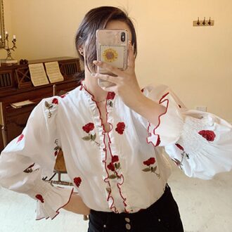 Qweek Vintage Blouse Vrouwen Elegante Lantaarn Mouwen Ruffle Top Koreaanse Stijl Wit Overhemd Lange Mouw Mode Lente