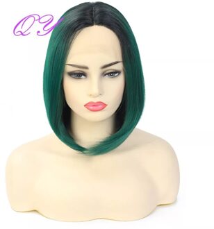 Qy 12 Inch Lace Front Pruik Ombre Green Bob Rechte Synthetische Pruiken Voor Vrouwen Cosplay Of Dagelijkse Pruiken