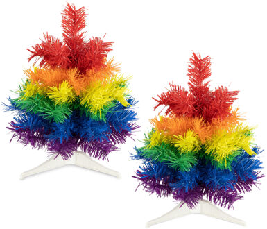 R+W R&W Mini kunst kerstboom - 2x - regenboog - H30 cm - kunststof - gekleurd miniboompje