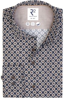 R2 Overhemd Camel Flower Print Navy Blauw - 38,39,40,41,42,43,44