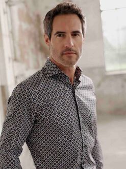 R2 Overhemd Camel Flower Print Navy Blauw - 39,40,42,43