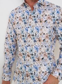 R2 Overhemd Linnen Blend Flowers Blauw Beige - 3XL,L,M,S,XL,XXL