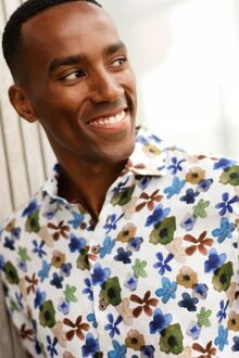 R2 Overhemd Linnen Bloemenprint Multicolor Blauw - 3XL,XXL