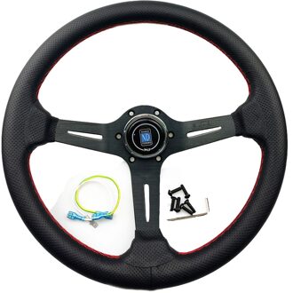 Racing Lederen Stuurwiel 350Mm Deep Black Stuurwiel Zwart Aluminium Spoke Rode Stiksels 14 Inch