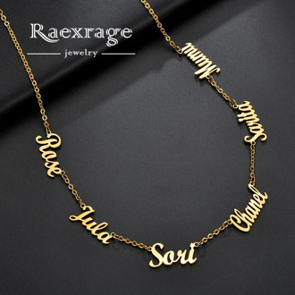 Raexrage Personalized 1-6 Nameplate Necklaces Stainless Steel Multiple Names Choker Chain Best Gift fr Family Love