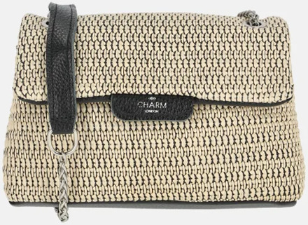 Raffia schoudertas zwart beige