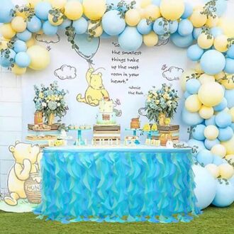 Rag Rieten Tafel Rok Bruiloft Decoratie Mesh Tafel Rok Verjaardagsfeestje Hotel Banket Tafel Decoratie Tafel Rok licht blauw
