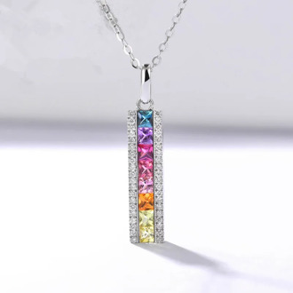 Rainbow Pendants For Women S925 Sterling Silver Necklace Square Cubic Zirconia Colorful Stone Simple Colar Unique Fine Jewelry