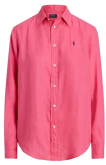 Ralph Lauren Casual Linnen Overhemd met Geborduurd Logo Polo Ralph Lauren , Pink , Dames - Xl,L,M,S,Xs,2Xs