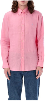 Ralph Lauren Florida Pink Linnen Custom Fit Overhemd Ralph Lauren , Pink , Heren - XL