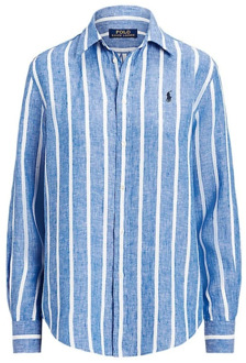 Ralph Lauren Lichtblauw Linnen Overhemd met Iconisch Pony Borduurwerk Ralph Lauren , Blue , Dames - S
