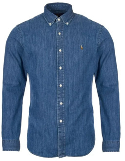 Ralph Lauren Slim fit overhemd van denim met logoborduring Indigo - XL