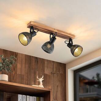 Raniso plafondspot, rubberhout, 3-lamps hout licht, mat zwart