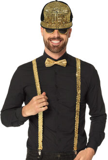 Rapper/gangster Verkleedset - bretels/bril/strik en cap - goud - 70's/80's - themafeest