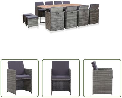 Rattan Eethoek - Antraciet - Tafel 225x109x74cm - Stoel 52x56x85cm - Kruk 41x41x35cm - Polyester Grijs