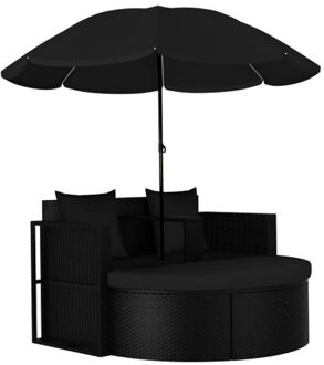Rattan loungeset - inclusief parasol - zwart - PE-rattan - 130 x 58 x 77 cm - 119 x 54 x 36 cm - 1.8 m
