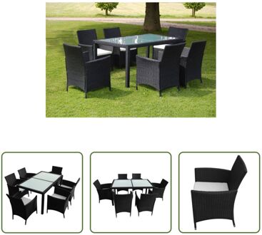 Rattan Tuinmeubelset - 1 Tafel 150x90x75cm - 6 Stoelen 58x61x88cm - Zwart Rattan - Crèmewit Kussen