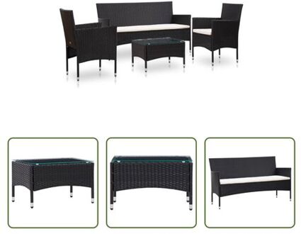 Rattan Tuinmeubelset - 3-zitsbank 155x58x81cm - Armstoel 59x58x81cm - Salontafel 60x40x36cm - Zwart