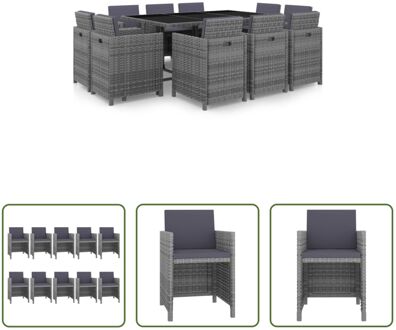 Rattan Tuinset - 1 Tafel - 10 Stoelen - 20 Kussens - Grijs - Stalen Frame - PE Rattan