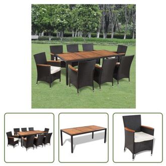 Rattan Tuinset - 1 Tafel 190x90x75cm - 8 Stoelen 60x59x88cm - Zwart - Crèmewit Kussen - Massief Hout