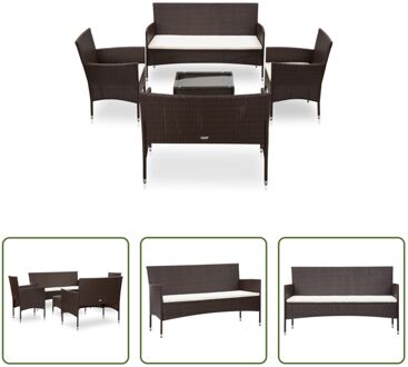 Rattanset - PE Rattan - Bruin/Crèmewit - 3-zitsbank - 2-zitsbank - 2x armstoel - tafel - 4x