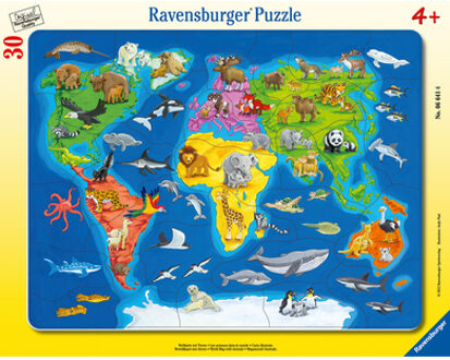 Ravensburger Puzzel - Wereldkaart met dieren, 30 stukjes