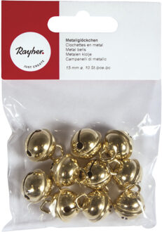 Rayher hobby materialen 10x Metalen belletjes goud met oog 15 mm hobby/knutsel benodigdheden - Kerst kersmuts belletjes - Kattenbellen - Hobby- en Knutselmateriaal