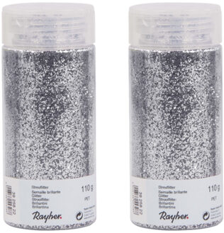 Rayher hobby materialen 2x Potjes hobby materiaal strooi glitters zilver 110 gram