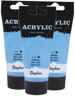 Rayher hobby materialen 3x tubes lichtblauwe acrylverf/hobbyverf op waterbasis 75 ml
