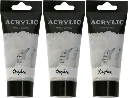Rayher hobby materialen Acrylverf/hobbyverf op waterbasis - 3x - zilver - 75 ml - Schilderen/knutselen