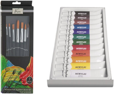 Rayher hobby materialen Acrylverf schilderset - 12x gekleurde tubes van 12 ml - met 7x schilderpenselen - kids/adults