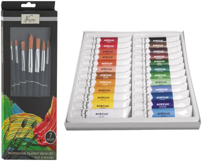 Rayher hobby materialen Acrylverf schilderset - 24x gekleurde tubes van 12 ml - met 7x schilderpenselen - kids/adults