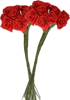 Rayher hobby materialen Decoratie roosjes satijn - 2x - bosje van 12 st - donker rood - 12 cm - hobby/DIY bloemetjes