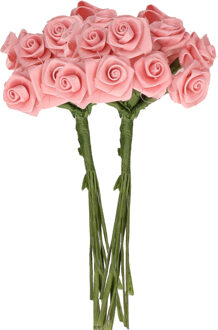 Rayher hobby materialen Decoratie roosjes satijn - 2x - bosje van 12 st - roze - 12 cm - hobby/DIY bloemetjes