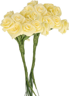 Rayher hobby materialen Decoratie roosjes satijn - 2x - bosje van 12 st - zacht geel - 12 cm - hobby/DIY bloemetjes
