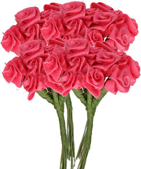 Rayher hobby materialen Decoratie roosjes satijn - 4x - bosje van 12 st - fuchsia roze - 12 cm - hobby/DIY bloemetjes