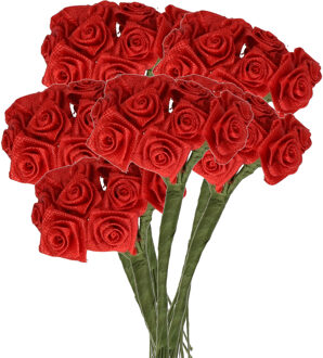 Rayher hobby materialen Decoratie roosjes satijn - 6x - bosje van 12 st - donker rood - 12 cm - hobby/DIY bloemetjes