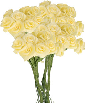 Rayher hobby materialen Decoratie roosjes satijn - 6x - bosje van 12 st - zacht geel - 12 cm - hobby/DIY bloemetjes