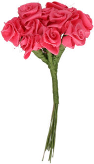 Rayher hobby materialen Decoratie roosjes satijn - bosje van 12 st - fuchsia roze - 12 cm - hobby/DIY bloemetjes