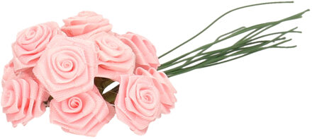 Rayher hobby materialen Decoratie roosjes satijn - bosje van 12 st - lichtroze - 12 cm - hobby/DIY bloemetjes