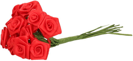 Rayher hobby materialen Decoratie roosjes satijn - bosje van 12 st - rood - 12 cm - hobby/DIY bloemetjes