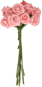 Rayher hobby materialen Decoratie roosjes satijn - bosje van 12 st - roze - 12 cm - hobby/DIY bloemetjes