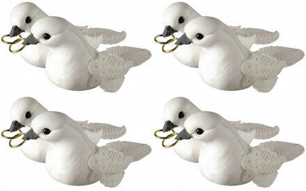 Rayher hobby materialen Duivenpaar wit met ringen - 4x stuks - 5,5 cm - Bruiloft/Huwelijk decoratie/versieringen