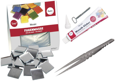 Rayher hobby materialen Emmer mozaiek steentjes 1.5 x 1.5 cm - vierkant - spiegeltjes - 1980x stuks - met lijm en voegmiddel