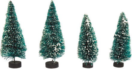 Rayher hobby materialen Kerstdorp boompjes/kerstboompjes - 4x st - 9 en 12 cm -besneeuwd - miniatuur Groen